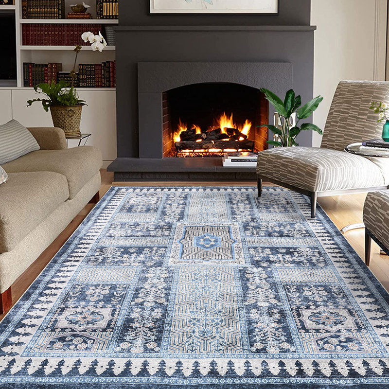 Oriental Machine Washable Area Rug Non-Slip Indoor Carpet Non-Shedding Floral Rug for Living Room Bedroom Dining Room Hallway Kitchen Office Playroom Nursery