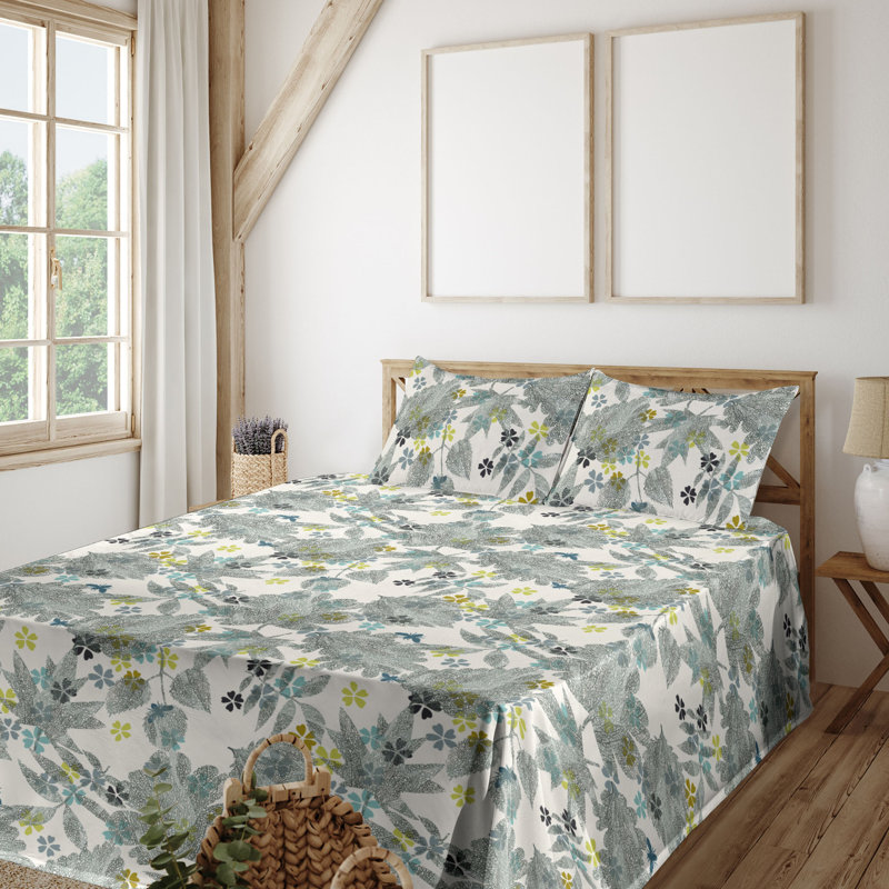 Ambesonne Watercolor Botany Sheet Set 4 Pcs Retro Boho Bloom, California King Sheet Set with 2 Pillowcases