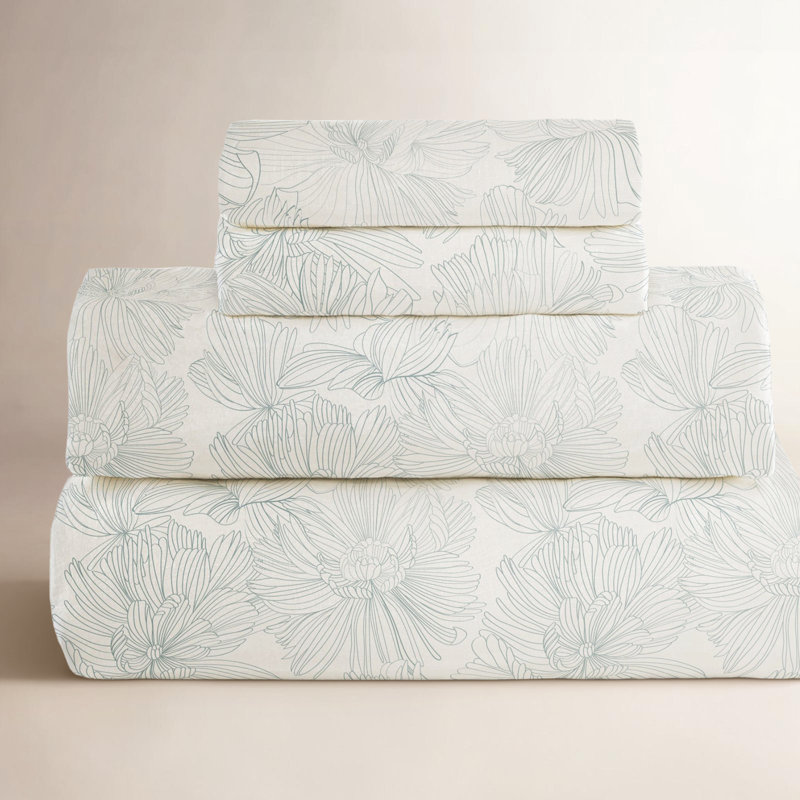 100% French Linen Sheet Set, Twin XL Sheet Set with 1 Pillowcase, Cream/Wave Floral