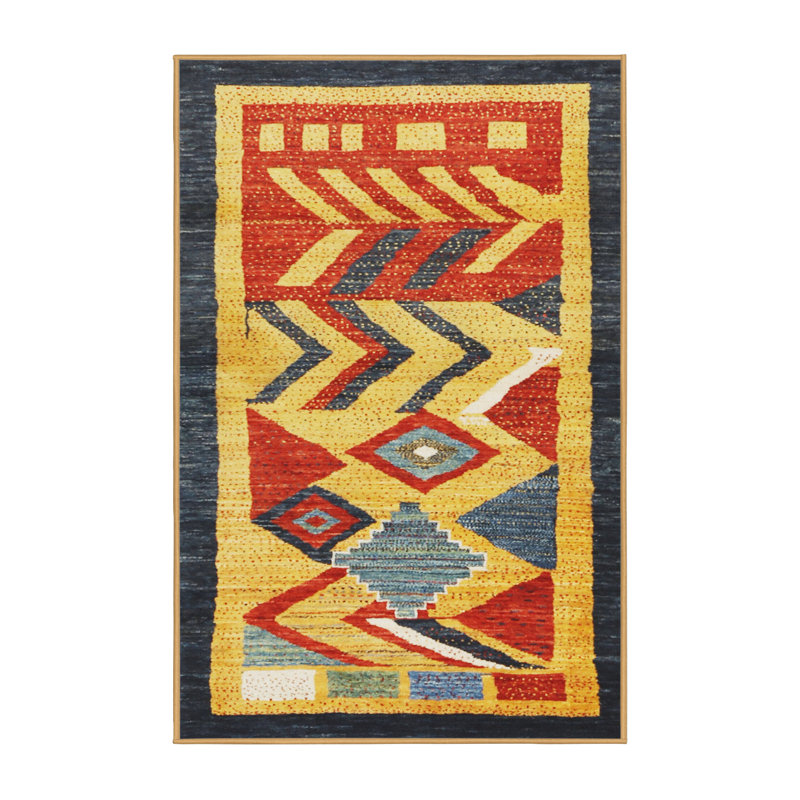 Tapis jaune/orange/noir contemporaine, Rectangle 5 pi x 7 pi