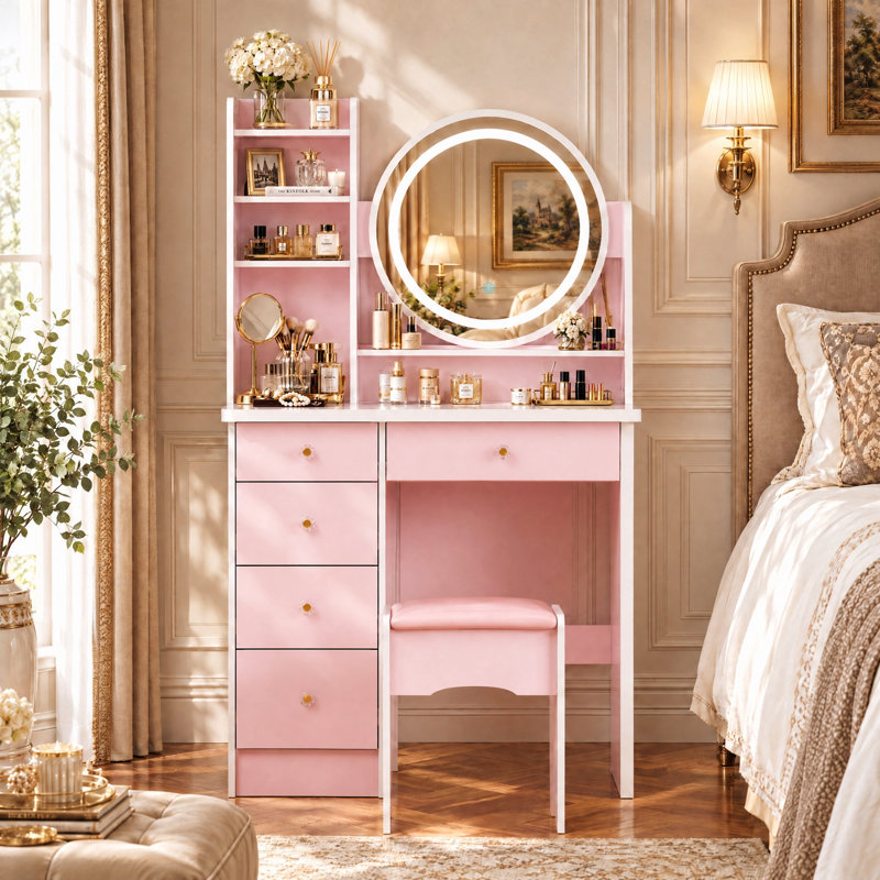 Ensemble coiffeuse de 80 cm de large avec miroir lumineux DEL tricolore, 5 tiroirs et tabouret rembourré, Rose