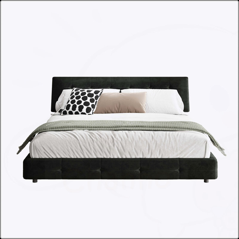 Structure de lit très grand avec tête de lit capitonnée, conception de coussin ultra doux, tissu en chenille, lattes en métal et en bois pour un soutien solide, un confort silencieux