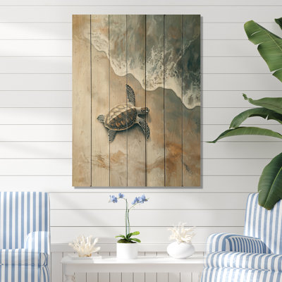 «Baby Turtle Trails On The Beach I», art mural animal en bois de tortue, sur bois de pin naturel