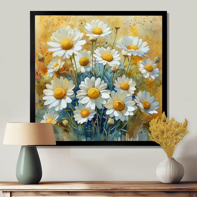 «Yellow Yellow Summer Daisies Flowers Explosion II» - impression d'art mural marguerites, Cadre simple noir