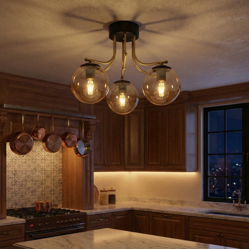 Lustre semi-encastré moderne à 3 lumières de 20 po avec globes en verre Aurelius, Ambre