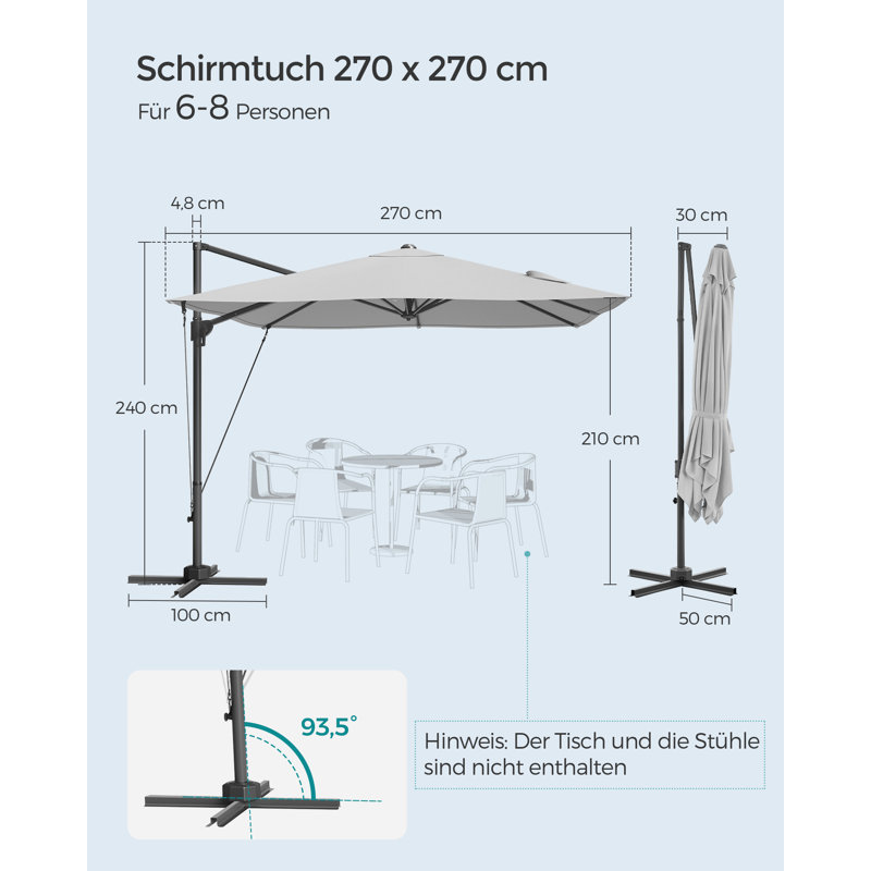 Cabriano Rectangular Market Parasol, Light Grey - Crank Lift 2, 240cm H x 270cm W x 270cm D
