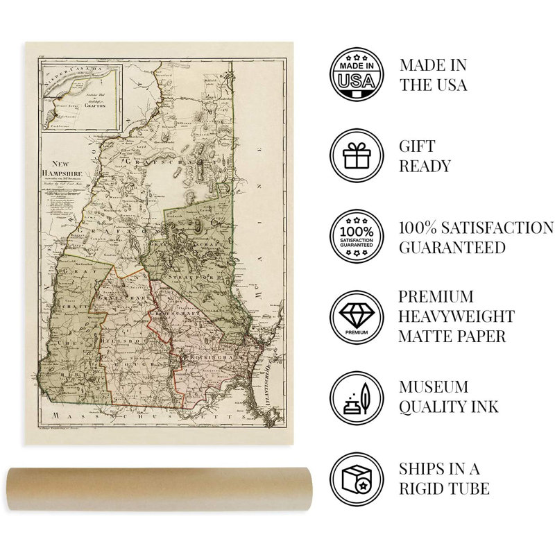 «1796 New Hampshire Map», art mural, H 24 po x l 16 po x P 0,1 po