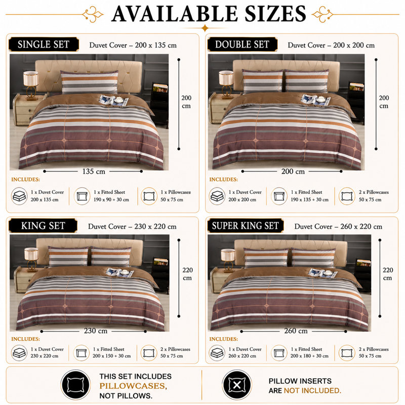 Complete Bedding Set Bliss Brown Stripe Duvet Cover, Matching Fitted Sheet & Pillowcases
