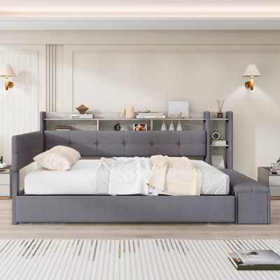  Twin Size Multi-Functional Upholstered Daybed Frame with Pull-Out Trundle Open Shelves Charging Grey