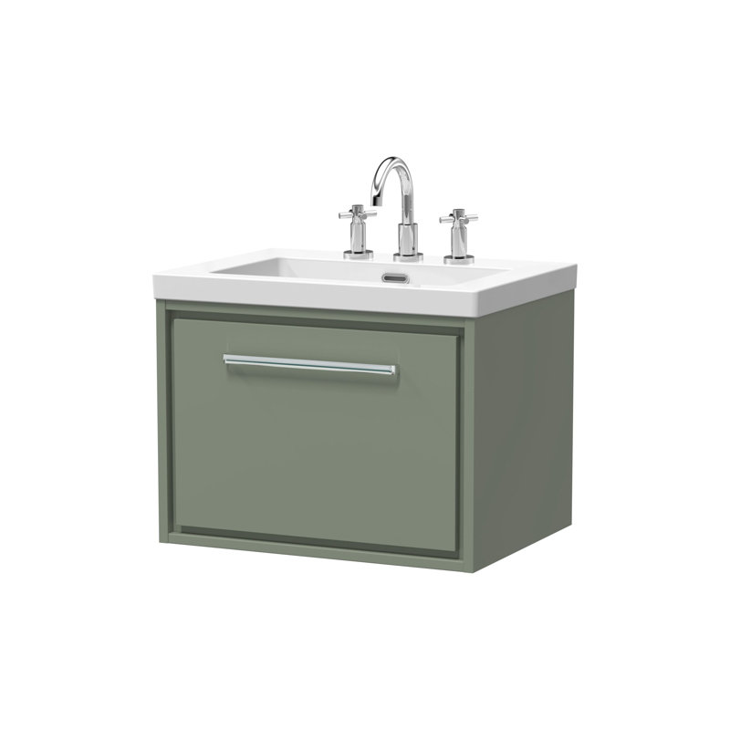 Hudson Reed Lille 600mm Fern Green 1 Drawer  Wall Hung Vanity Unit With 3 Tap Holes Fireclay Basin, Fern Green, 61.3cm W