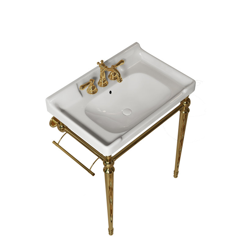 28" Wall - Mounted Bathroom Sink, White Ceramic Vanity, 3 Pre Drilled Faucet Holes, Gold Colored, Stainless Steel Legs And Towel Bar, High Performance, Scratch , Easy To Clean, No Standard Sized