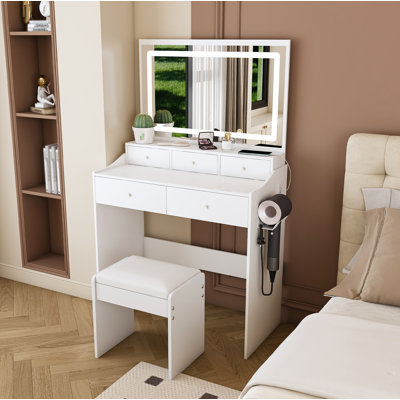 New Large Mirror Vanity Desk for Bed room , Modern Makeup Vanity Set with Power Outlet and Hair dryer holder, 5 Drawers , 3 Lighting Color Adjustable Dressing Table for Bedroom,