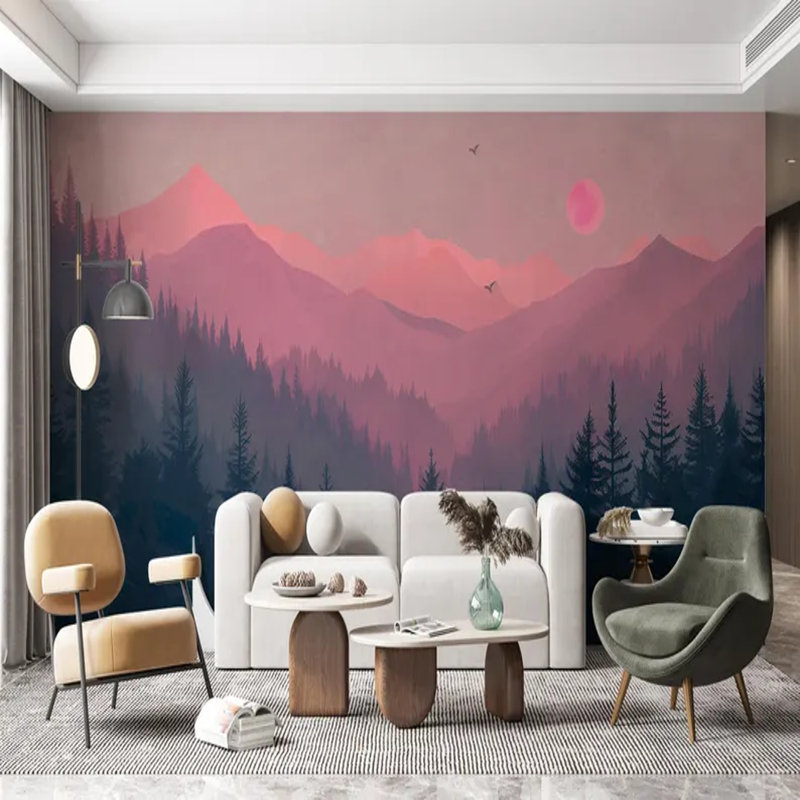Pink Sunset Over Forested Mountains,  105.96" L x 138" W