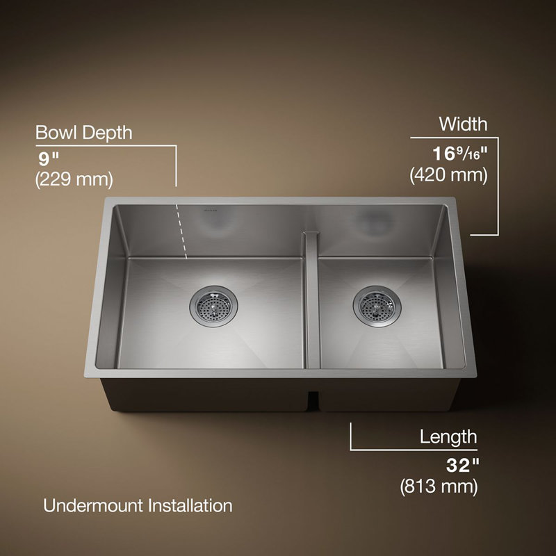 Strive 32" L x 18-5/16" W x 9-5/16" Smart Divide Under-Mount Large/Medium Double-Bowl Kitchen Sink with Basin Rack
