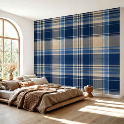 Wall Mural Peel and Stick Wallpaper Plaid seamless Tartan checkered plaid dark grey blue brown for Self-Adhesive Removable Contact Paper Wall Decor for Living Room Bedroom 69"H x 96"W