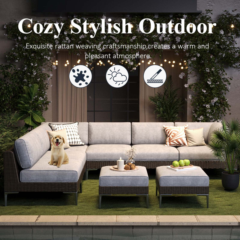 7-piece Patio Furniture Set, Deep Seating Outdoor Modular Sectional Sofa Conversation Set With Thick Cushions For Lawn, Garden
