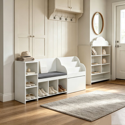 Coin de lecture pour enfants, banc de rangement en bois avec dossier, étagère à livres et rangement pour jouets, grand coffre à jouets pour salle de jeux et salon, blanc
