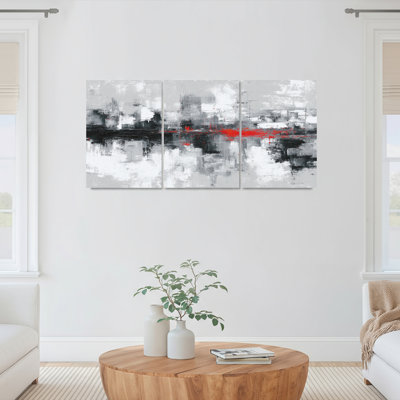 Abstrait paysage urbain avec décor rouge sur toile tendue, ensemble de 3 reproductions de peintures à l'huile pour salon