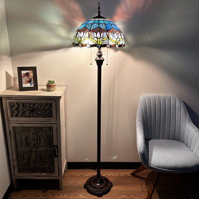 Shelba Tiffany Floor Lamp Blue Purple Stained Glass Tulips Metal Base LED Bulbs Included 16"W*16"D*64"H
