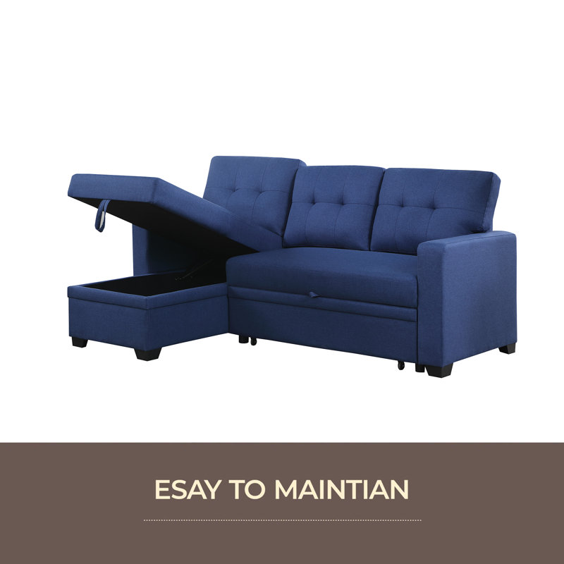 Upholstered Pull Out Sectional Sofa With Chaise, Blue Linen