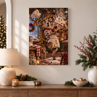 Reindeer Chef in Holiday Sweater Spilling Bowl of Christmas Canvas Wall Art