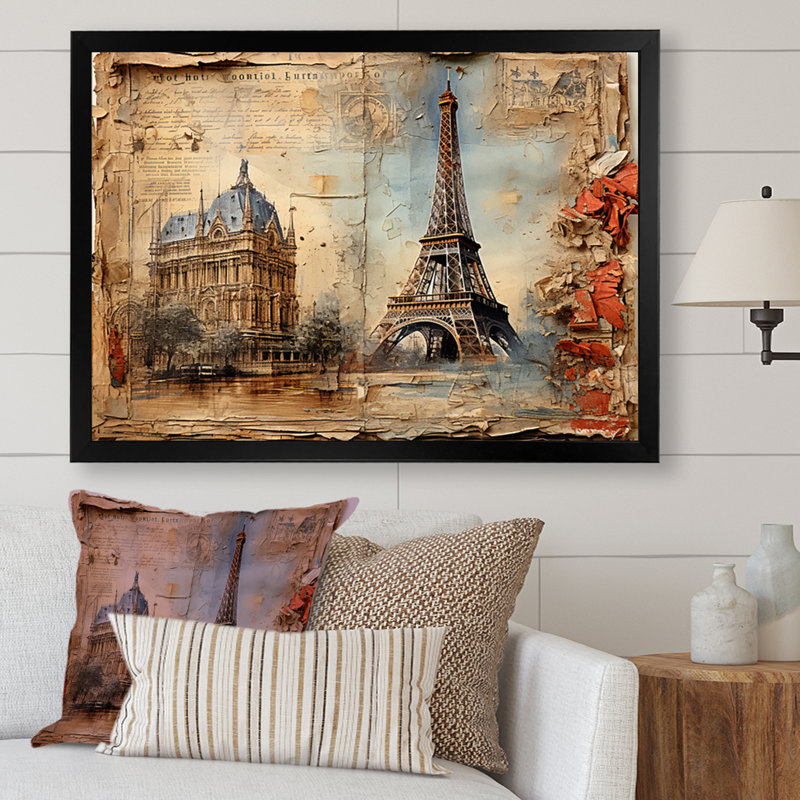 Paris Nostalgia, collage rétro sur toile, H 30 po x l 40 po x P 1,5 po, Cadre simple noir