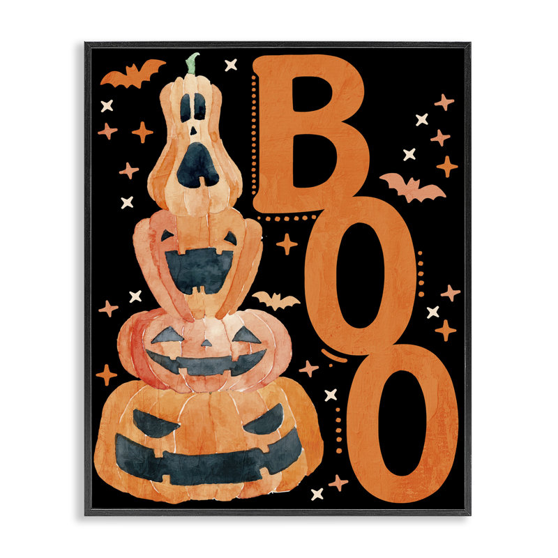 «Boo with Whimsical Jack-o-Lanterns», estampe numérique, design par Kim Allen, H 20 po x l 16 po, Giclée encadrée noir minuit
