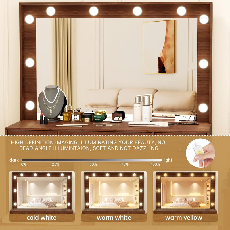 Bureau de maquillage avec grand miroir et 10 lumières DEL, prise et tabouret inclus (noir), Brun