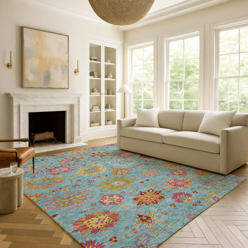 Tapis damassé de qualité supérieure Mayfield AMF2288, Bleu sarcelle, 9 pi x 12 pi