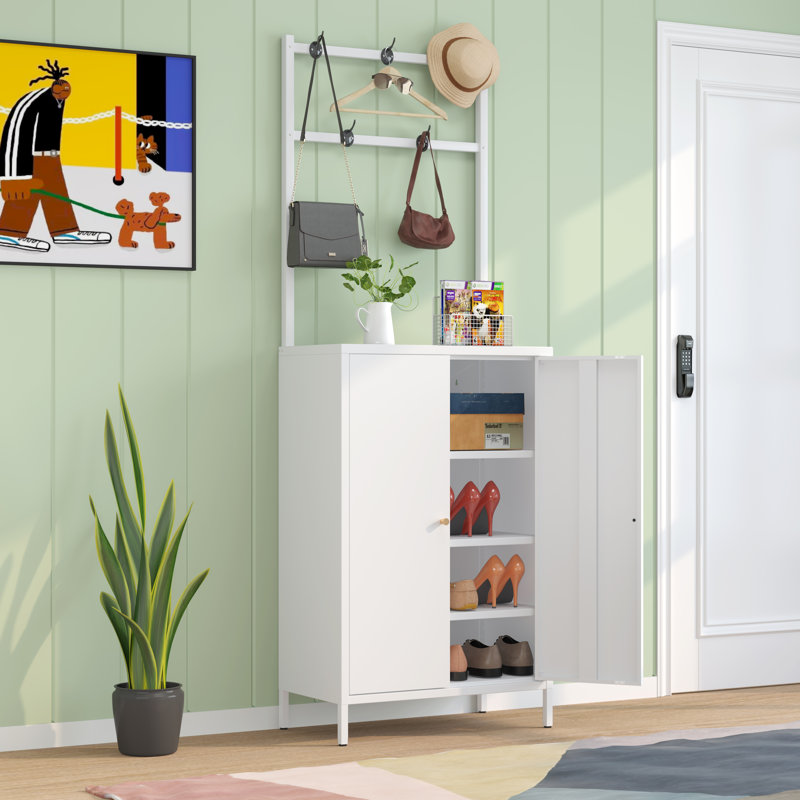 Shoe Cabinet,shoe Cabinet With 3 Adjustable Shelves & Coat Rack,farmhouse Shoe Storage Cabinet With Doors,metal Shoes Rack Organizer For Entryway, Hallway, Closet, Living Room