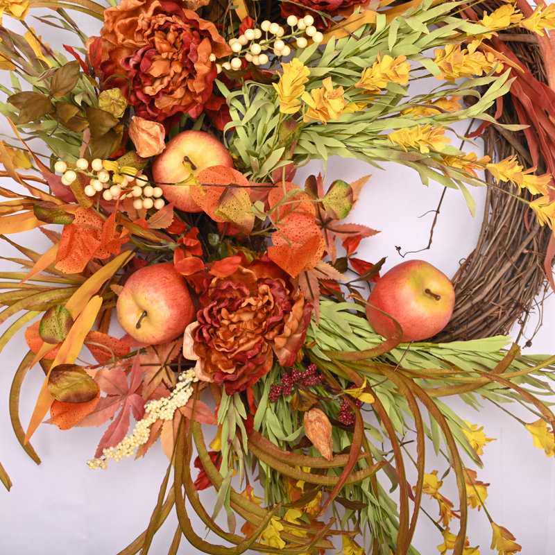 26" Fall Autumn Artificial Apple Fruits Peony Wreath for Front Door