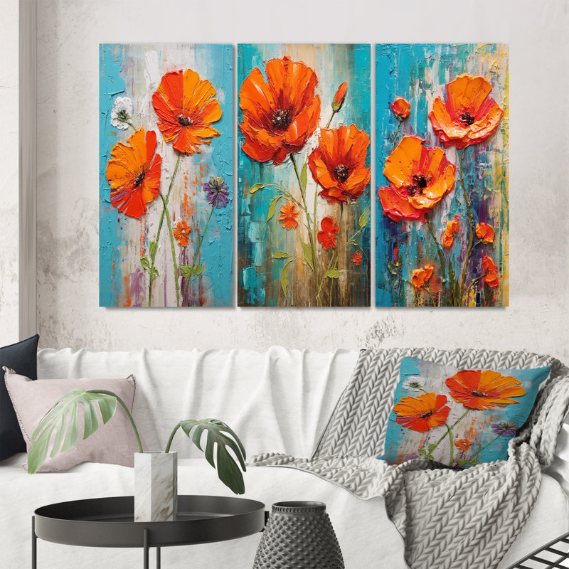 «Blossoming Red Poppes On Teal Sky Paint», 3 pièces sur toile, Toile tendue, H 28 po x l 36 po
