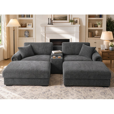 104.86" W Modular Chenille Cloud Couch Sofa with USB Ports，Two Ottomans, Storage and Cup Holders （5 Piece ）