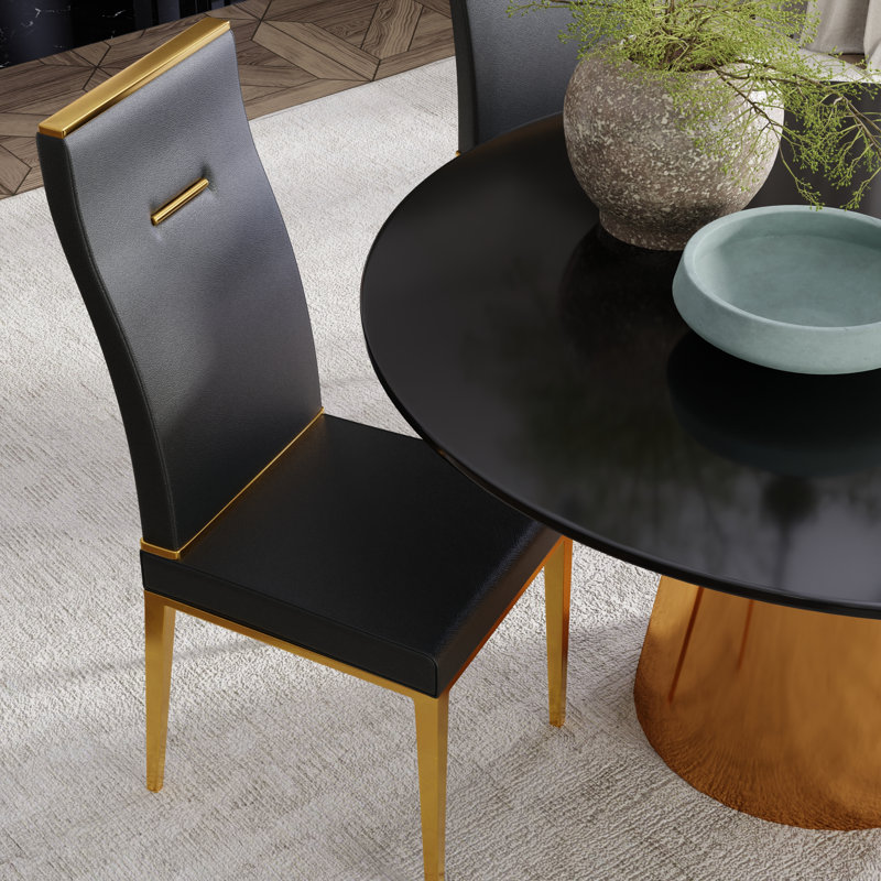 Faux Leather Upholstered Dining Chair with Stainless Steel Base, Black, Gold