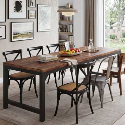 Industrial Solid Wood Dining Table, 78.74" Large Farmhouse Kitchen Table with Black Metal Legs, Rustic Rectangular Dinner Table Seats 6-8 People
