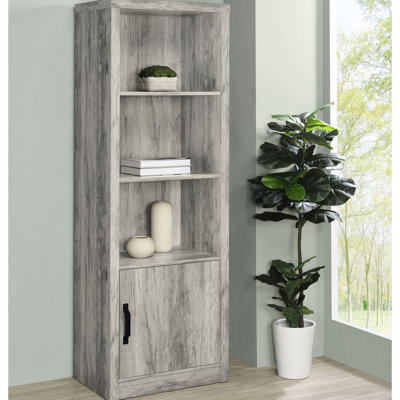 Bois flottant - tour à 3 tablettes finies pour le coin dans les salons, fonction réglable, construction en bois d'ingénierie gris conifère, composant simple en métal noir moderne, profondeur de 15,5 pouces