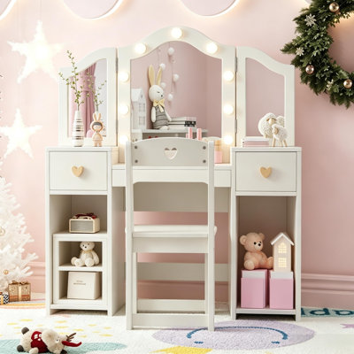 White Princess Vanity Set Touch Light & Chair, 2-in-1 Makeup Desk Tri-Folding Mirror, Drawers & Cabinets