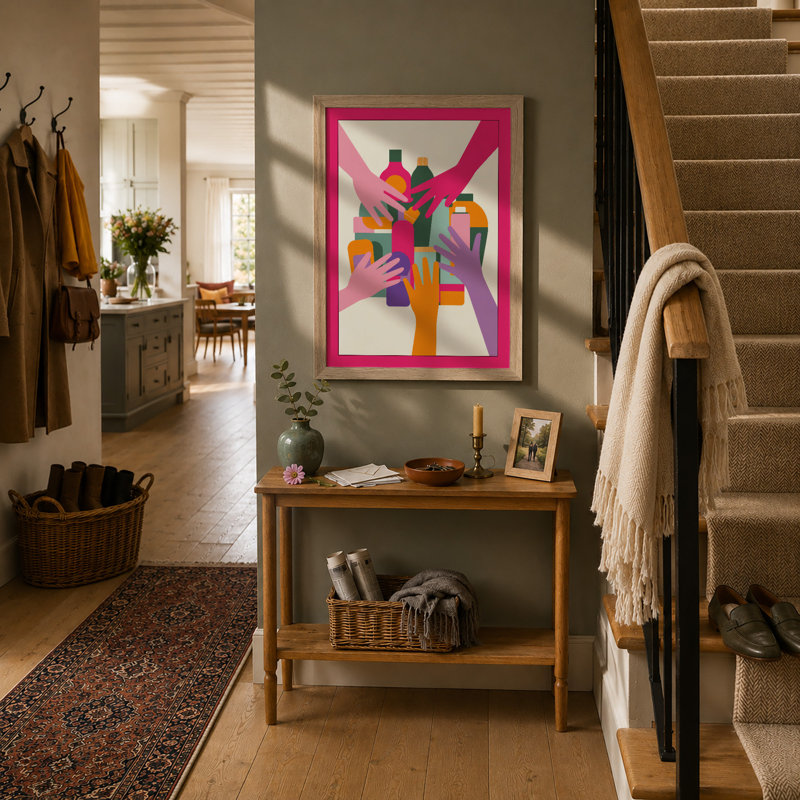 Hands Reaching Together Modern - Framed Print, A4 - 29.7 x 21.0 cm, Oak