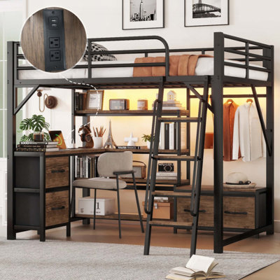 Lit mezzanine avec bureau et lumière, lit mezzanine en métal avec tablettes de rangement, garde-robe et tiroirs pour garçons filles