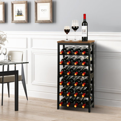 Plancher autoportant pour porte-bouteilles de vin, étagères de rangement à vin en bambou à 6 niveaux avec plateau de table, étagère à bouteilles de 24 bouteilles pour le bar-salon de la cuisine, brun rustique et noir
