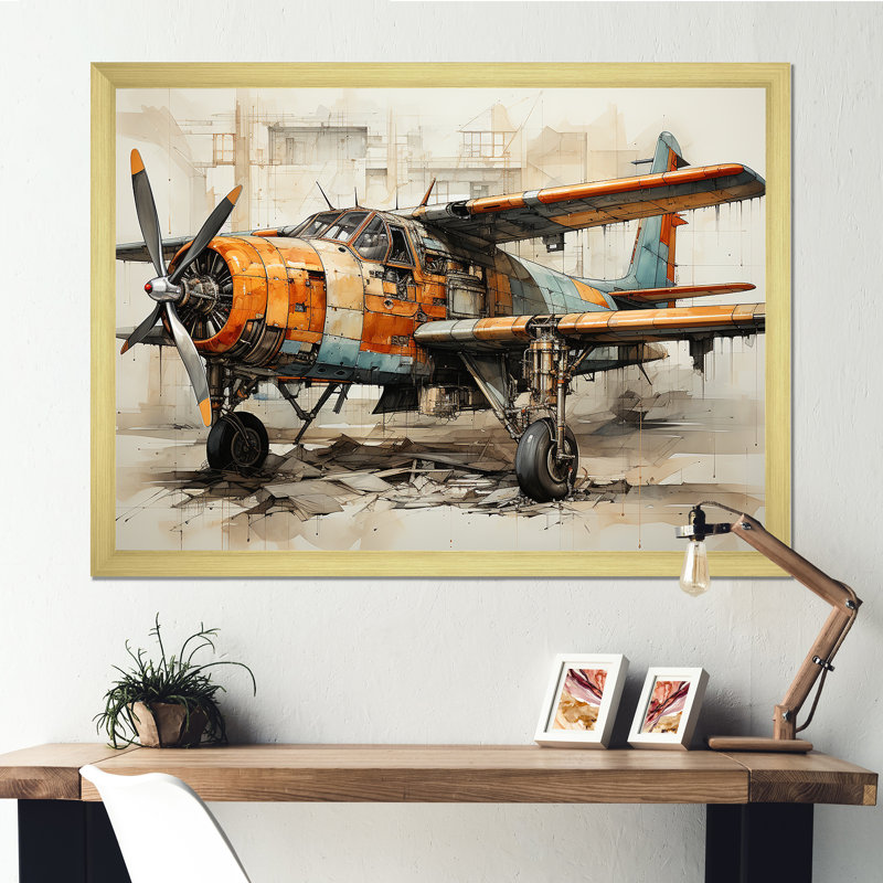 " Industrial Plane Essence I ", 16" H x 32" W x 1" D, Gold Picture Frame