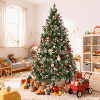 Lighted Artificial Christmas Tree with Snow, Pine Cones and Berries PVC Christmas Pine Tree with Stand, 150/180/225cm