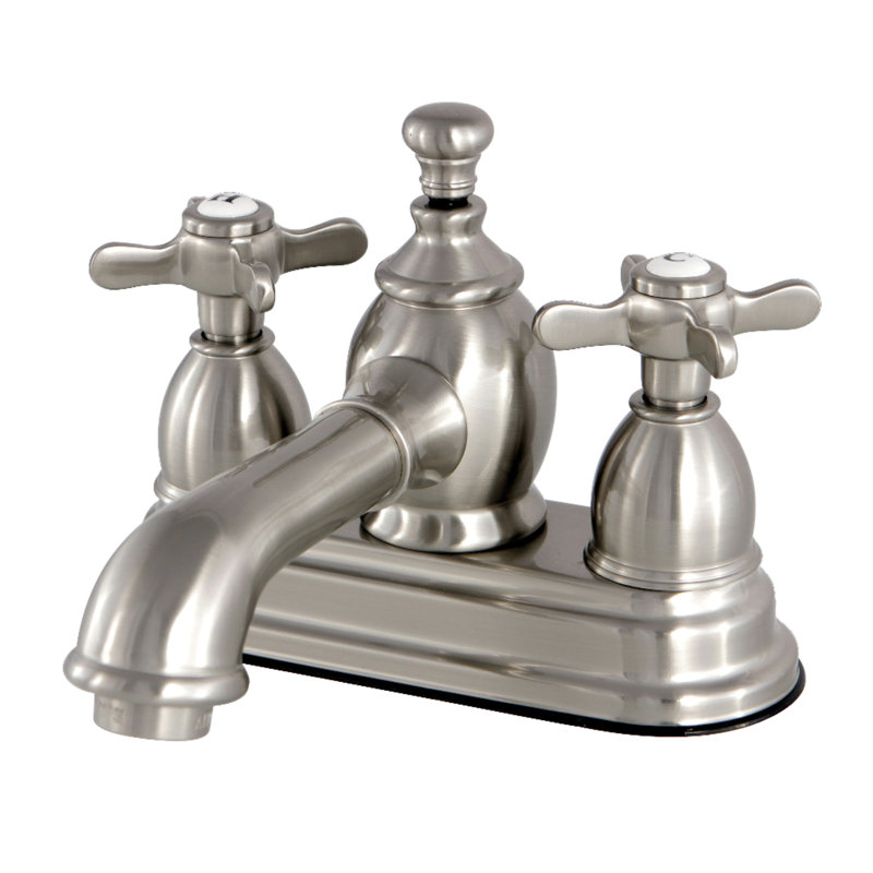 Kingston Brass Essex Two-Handle 3-Hole Deck Mount 4" Centerset Bathroom Faucet with Brass Pop-Up, Brushed Nickel