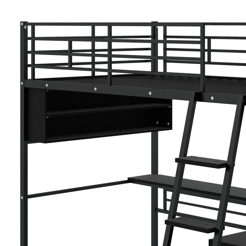 Metal Loft Bed With LED, Desk And Storage Shelves, Twin