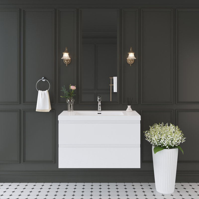 Meuble-lavabo flottant moderne 36 po avec lavabo, meuble de rangement mural, lavabo blanc brillant, tiroirs à fermeture en douceur, peu encombrant, comptoir en résine, assemblage rapide, rangement durable, solide