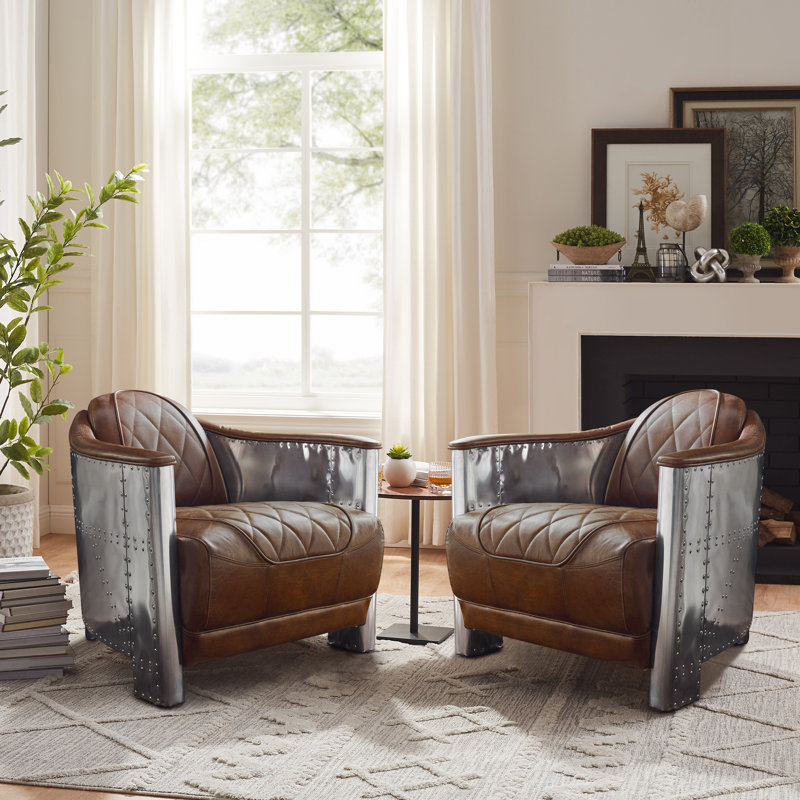 Alvenia 31.1"W Tufted Top-Grain Leather Accent Armchair(Set Of 2), Cognac Distressed