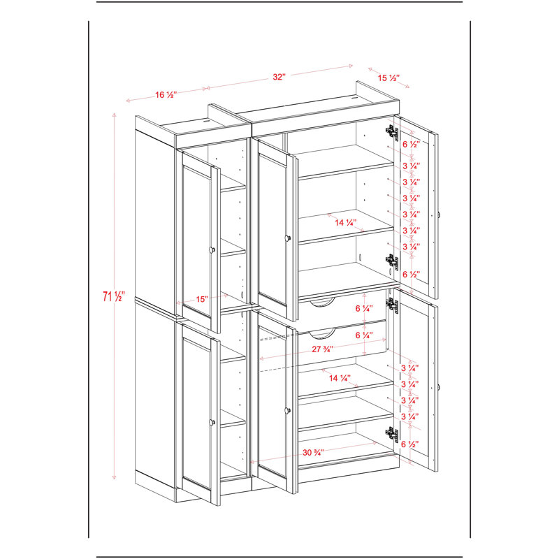 Niculae 100% Solid Wood Tall Kitchen Pantry Cabinet with Doors & 2 Drawers, Adjustable Shelves, Modular Kitchen Storage Cabinet, 48.5" W x 71.5" H