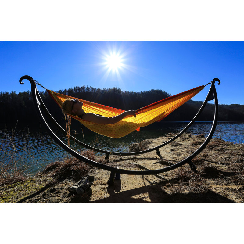 Charcoal Steel Outdoor Hammock Stand with Teal and Yellow Hammock