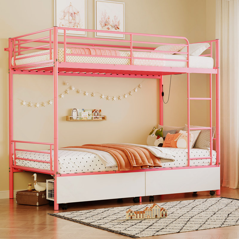 Bunk Bed With USB Charging Station, Able To Split, Metal Bunk Bed, Storage Space, Bed With Safety Guardrail & Ladders, No Box Spring Needed,Pink