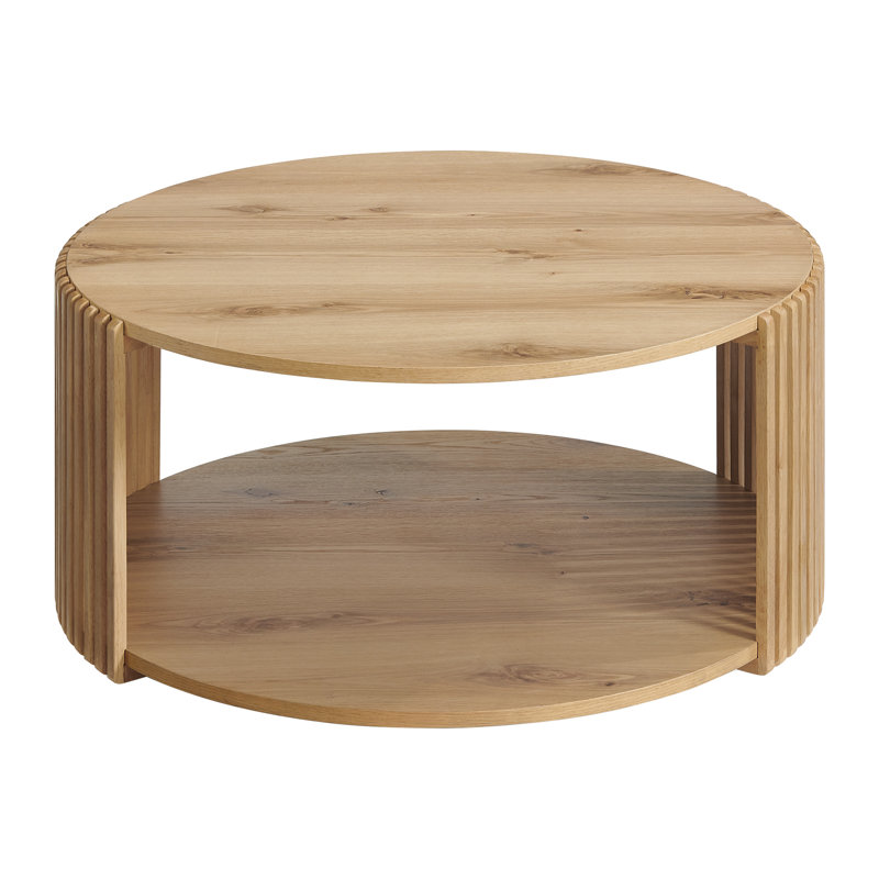 Estie Round Wood Slatted Coffee Table with Shelf